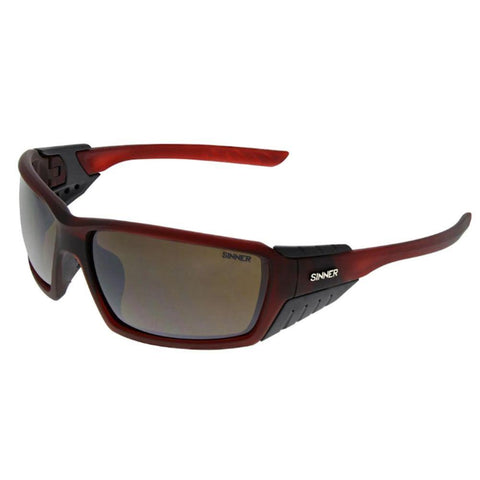 Sinner Relais Sunglasses in matt brown with brown PC lenses. Sinner written in white capitals on side of frame.