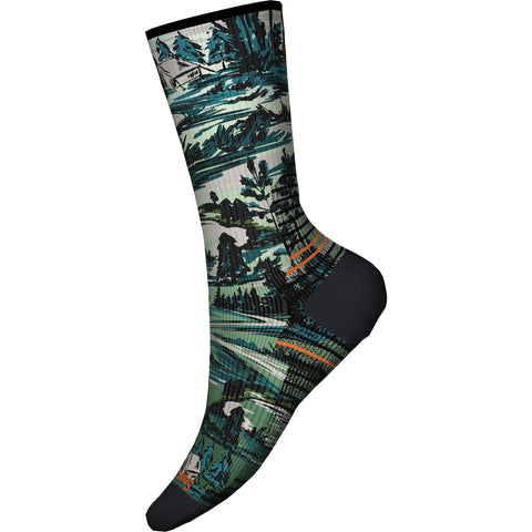 Smartwool Hike Light Cushion Campground Print Crew Socks in the colour winter moss