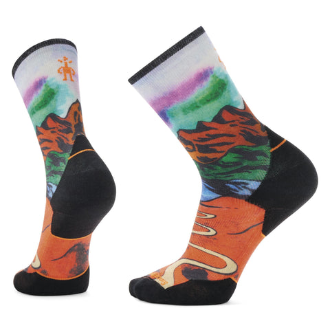 Smartwool Trail Run Targeted Cushion Singletrack Print Crew Socks shown on a foot shape in the colour orange rust
