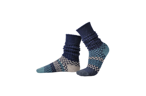 Solmate Cerulean Fusion Slouch Socks shown on a foot shape in slouch position