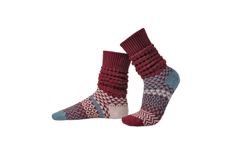 Solmate Nori Fusion Slouch Socks on a foot shape rolled down
