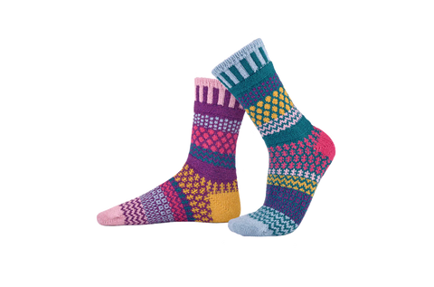 Solmate Petunia Crew Socks shown on a foot shape