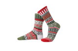 Solmate Crew Socks in the colour Yuletide, shown from the side, on a foot shape