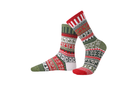 Solmate Crew Socks in the colour Yuletide, shown from the side, on a foot shape