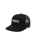 Stance Icon Trucker Hat in the colour black with white logo writing shown from the side