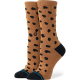 Stance Leopard Crew Socks in the colour Brown, shown on a foot shape