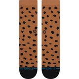 Stance Leopard Crew Socks in the colour Brown, shown flat from the topside