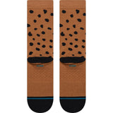 Stance Leopard Crew Socks in the colour Brown, shown flat from the underside