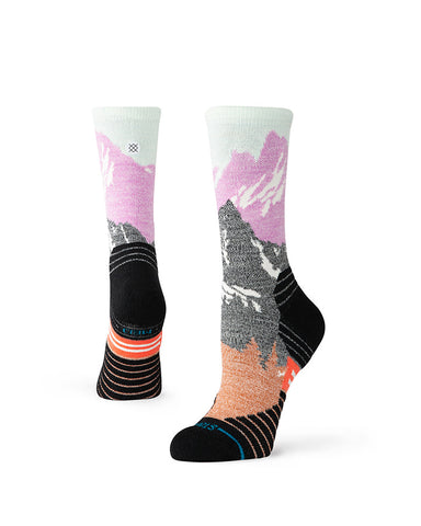 Stance Out Of Range Mid Wool Crew Sock in the colour Berry, shown from the back and side, on a foot shape