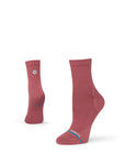 Stance Rouge Quarter Running Sock in the colour rebel roseshown on a foot shape.. 