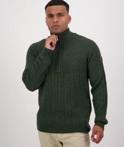 Swanndri Men's Doncaster 1/4 Zip Cable Knit in the colour Hunter Green, shown from the front on a model