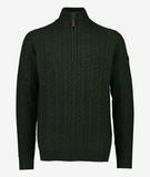 Swanndri Men's Doncaster 1/4 Zip Cable Knit in the colour Hunter Green, shown from the front 