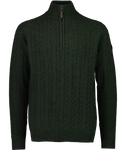 Swanndri Men's Doncaster 1/4 Zip Cable Knit in the colour Hunter Green, shown from the front 