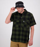 Swanndri Henderson Jacket in the colour Olive Black, shown from the front, on a model