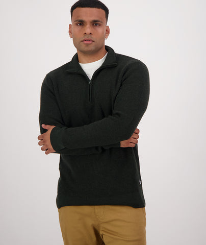 Swanndri Men's Otahu River Quarter Zip in the colour Hunter Green, shown from the front, on a model