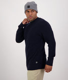 Swanndri Men's Otahu River Merino Crew Neck in the colour Navy, shown from the side, on a model
