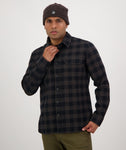 Swanndri Taranaki Tailor Shirt in the colour Black Charcoal, shown from the front, on a model