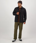 Swanndri Taranaki Tailor Shirt in the colour Black Charcoal, shown from the front, on a model