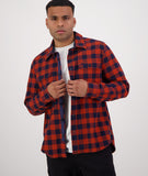 Swanndri Taranaki Tailor Shirt in the colour Navy Merlot, shown from the front, on a model