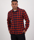Swanndri Taranaki Tailor Shirt in the colour Navy Merlot, shown from the front, on a model