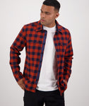 Swanndri Taranaki Tailor Shirt in the colour Navy Merlot, shown from the front, on a model