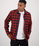 Swanndri Taranaki Tailor Shirt in the colour Navy Merlot, shown from the front, on a model