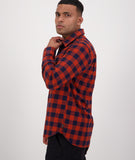 Swanndri Taranaki Tailor Shirt in the colour Navy Merlot, shown from the side, on a model