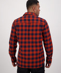 Swanndri Taranaki Tailor Shirt in the colour Navy Merlot, shown from the back, on a model