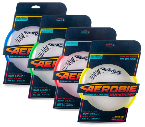 Aerobie Superdisc showing all 4 colours available in their packaging