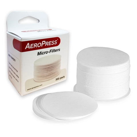 Aeropress Micro-Filters Paper Filters 350 Pack - showing a stack of filters plus the packaging