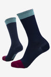 BAM Hatherleigh Bamboo Socks size UK4-7 showing the colour Navy with teal cuffs and Burgandy toes