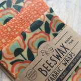 Beeswax Fabric Wraps - Kitchen Pack/Pecyn Cegin Organic Cotton 3 pack in Retro and Orange Scribbles pattern