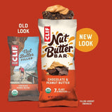A side-by-side comparison of the old- and new-style Clif Chocolate Peanut Butter Bar wrappers