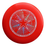 A red Discraft Ultra-Star 175g flying disc or sportdisc