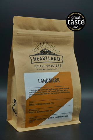 Heartland Landmark Blend showing a 250g compostable bag packaging. Great Taste Award Winner 2021