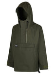 Hilltrek Braemar Single Ventile Plus Smock with single layer organic cotton ventile fabric in Olive Green colour showing the smock with the hood up at an angle.