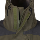 Hilltrek Liathach Natural Smock CA in Olive/Charcoal colour showing hood detail and storm flap on main zip