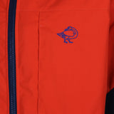 Hilltrek Talorc Organic Hybrid Jacket in Blaze/Orange colour showing detail of the Hilltrek goose logo on the chest pocket.