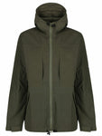 Hilltrek Talorc Organic Hybrid Jacket in Olive colour with the hood down.
