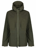 Hilltrek Talorc Organic Hybrid Jacket in Olive colour with the hood down.