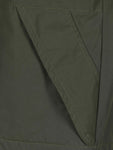 Hilltrek Talorc Organic Hybrid Jacket in Olive showing storm flap over the hand warmer pocket.