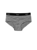Howies Women's Boxhers Merino Undies Boxer Briefs in grey marl with black branded waist band, showing the front view.