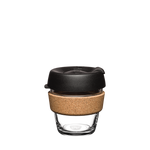 KeepCup Brew Cork SiX 6oz/177ml Glass Reusable Cup with Black coloured lid and cork band.
