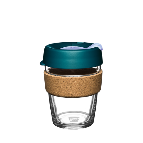 KeepCup Brew Cork Medium 12oz/340ml Glass Reusable takeaway coffee cup in the colour Eventide