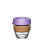 KeepCup Brew Cork Small 8oz/227ml Glass Reusable Cup with Moonlight coloured lid and cork band.