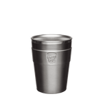 KeepCup Thermal Medium 12oz/340ml Double Walled Stainless Steel Reusable Cup in Nitro colour which has brushed surface finish style. Showing the takeaway cup with the lid off.