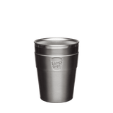 KeepCup Thermal Medium 12oz/340ml Double Walled Stainless Steel Reusable Cup in Nitro colour which has brushed surface finish style. Showing the takeaway cup with the lid off.