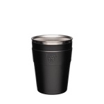 KeepCup Thermal Medium 12oz/340ml Double Walled Stainless Steel Reusable Cup in Black colour which has a stone surface finish style. Showing takeaway cup with the lid off.