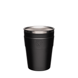 KeepCup Thermal Medium 12oz/340ml Double Walled Stainless Steel Reusable Cup in Black colour which has a stone surface finish style. Showing takeaway cup with the lid off.