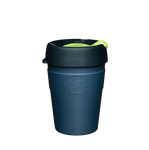 KeepCup Thermal Medium 12oz/340ml Double Walled Stainless Steel Reusable Cup in Deep Colour. Showing the takeaway cup with the lid on.